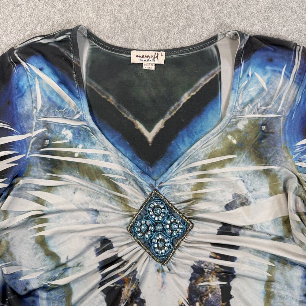 Oneworld Women's Large Blue Green Abstract Beaded Ruched V-Neck Tunic Top - Picture 4 of 10